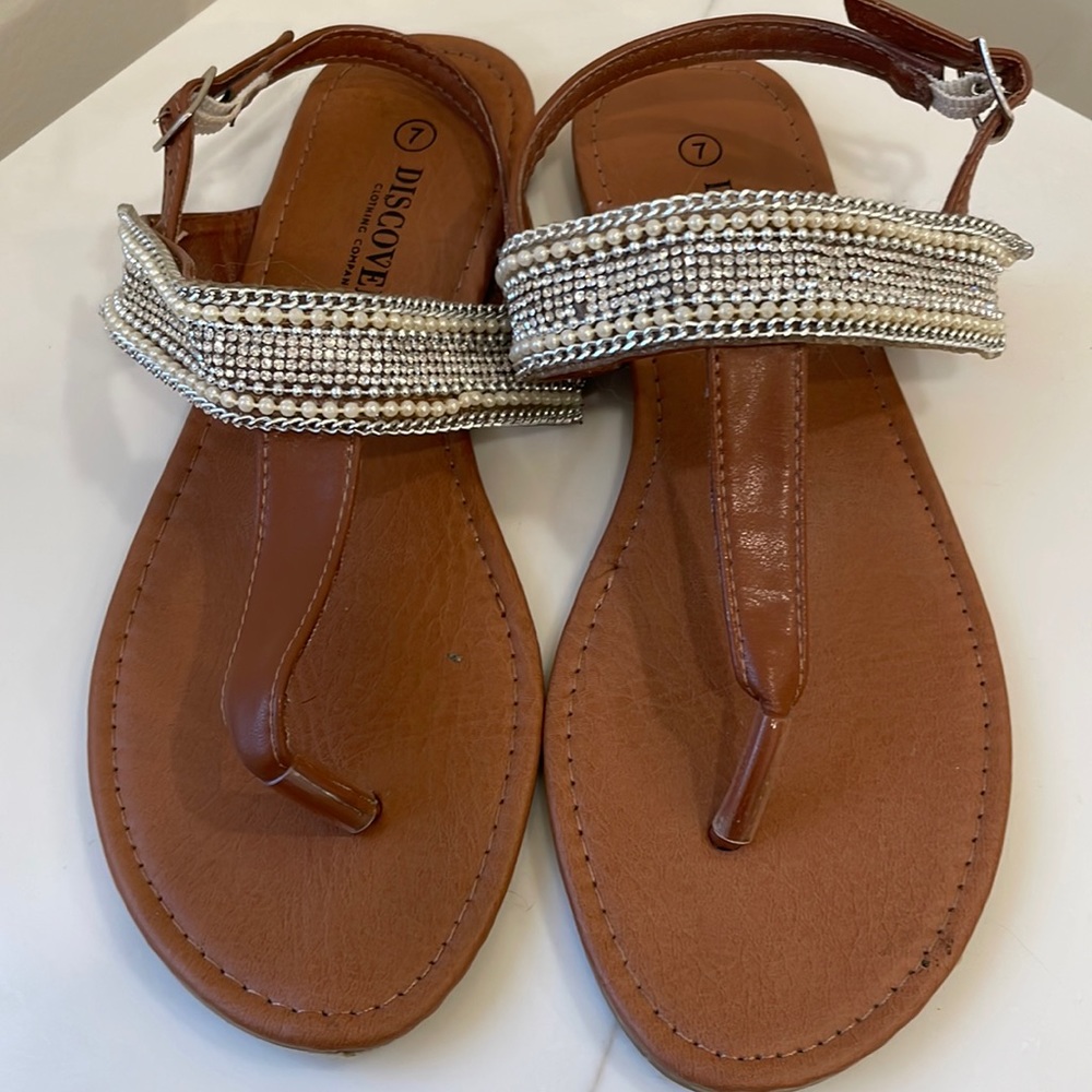 Brown Sparkly Strappy Sandals Pearl Detail